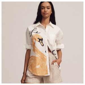 NWT Anthropologie Maeve The Bennet SWAN Buttondown Shirt Novelty Edition